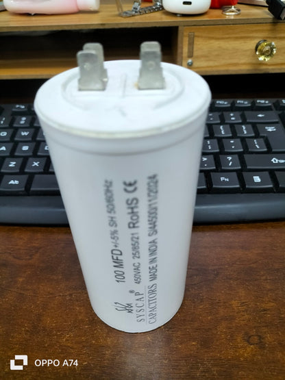 SYSCAP Motor Running Capacitor 100MFD 450V AC white cylindrical electrical component on wooden desk