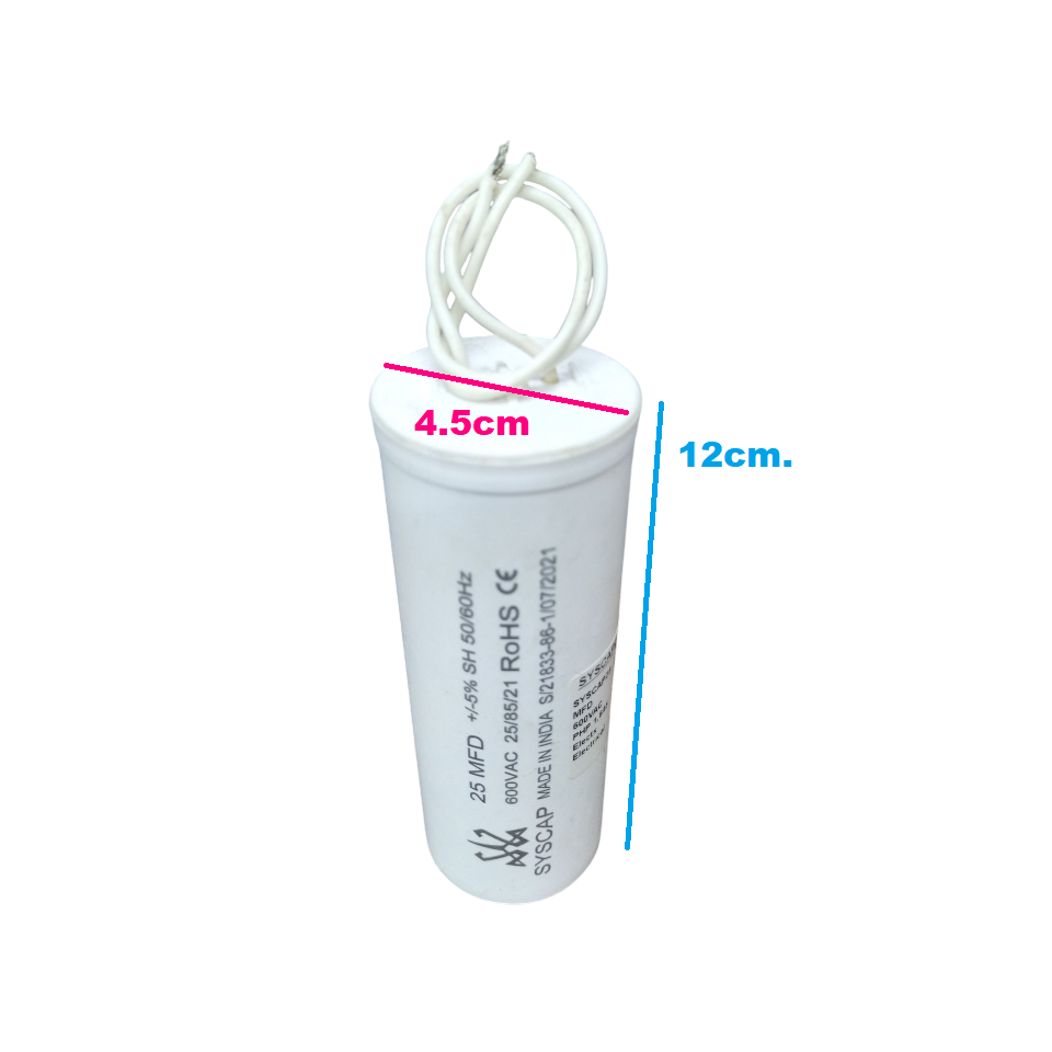 Syscap motor running capacitor 25uF 600V with a white cylindrical design and attached wiring