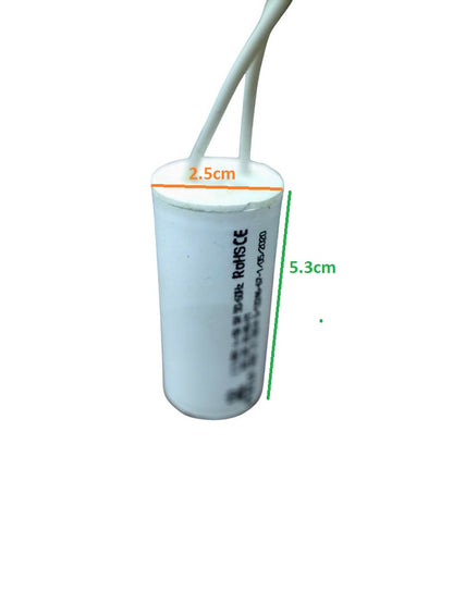 Syscap Motor Running Capacitor 2MFD in white with dimensions for electrical applications