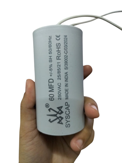 Syscap motor running capacitor 60MFD 250V with white casing for electrical circuits