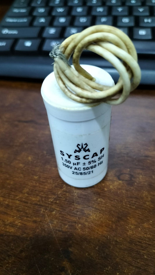 Syscap white cylindrical motor capacitor with coiled leads on top Running Capacitor 1.5MFD 350 VAC