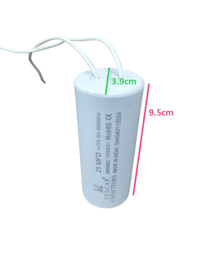 Syscap Running Capacitor 25MFD 250V measuring 9.5cm in length and 3.9cm in diameter for electrical applications