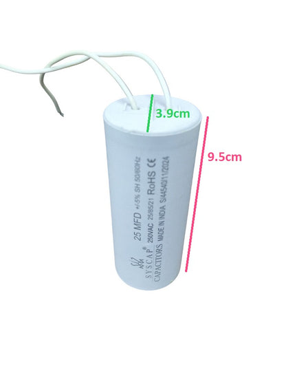 Syscap Running Capacitor 25MFD 250V measuring 9.5cm in length and 3.9cm in diameter for electrical applications