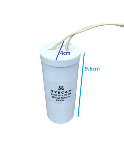 Syscap Running Capacitor 25MFD 350 VAC with 4cm diameter and 9.6cm height for electrical applications