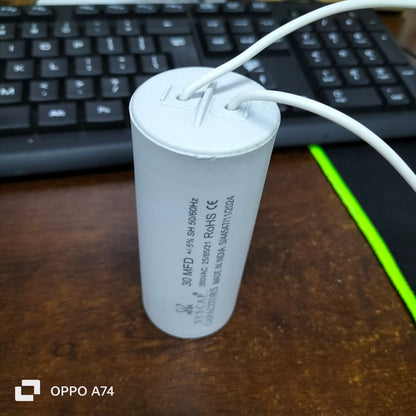 Running Capacitor 30MFD 350 VAC from Syscap with white casing and connecting wires