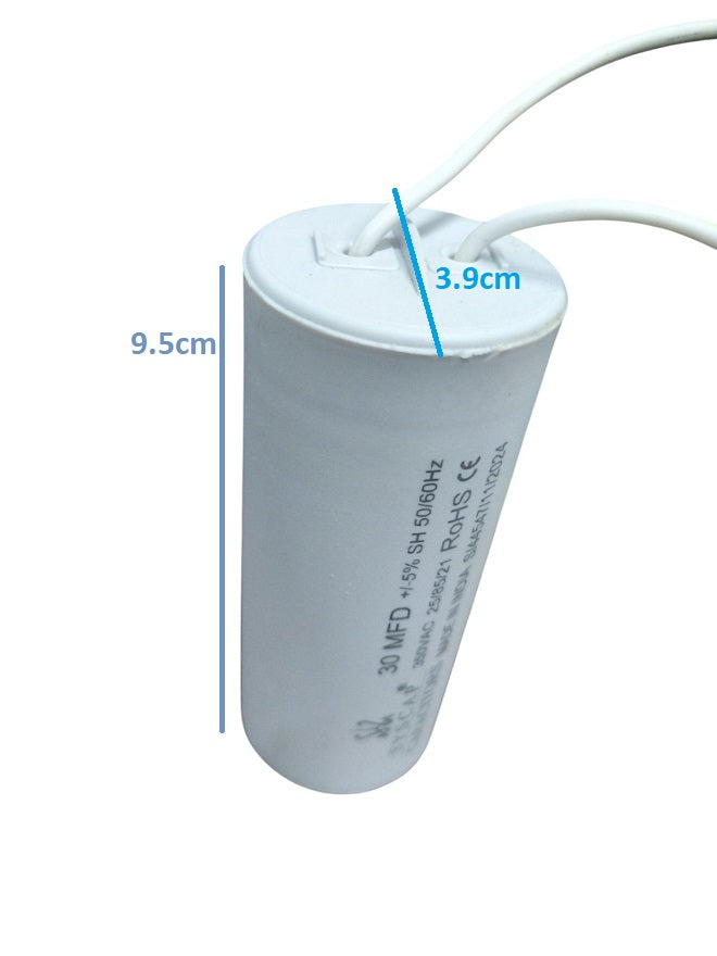 Syscap Running Capacitor 30MFD 350 VAC, cylindrical shape with a 9.5cm height and 3.9cm diameter
