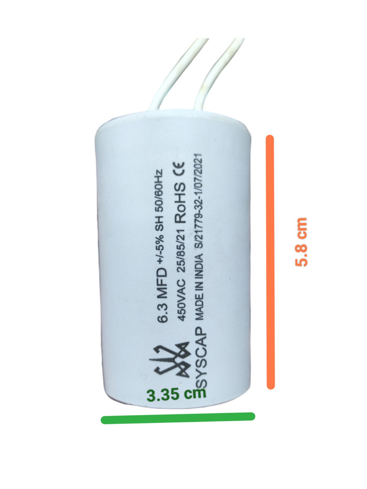 Syscap Running Capacitor 450VAC for electrical applications, dimensions 5.8 cm tall by 3.35 cm wide
