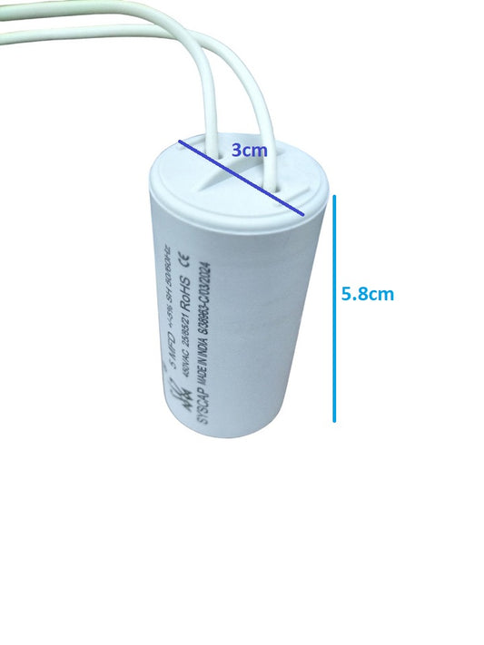 Syscap Running Capacitor 5MFD 450V shown with dimensions for electrical applications