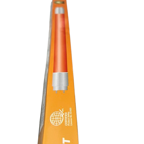 Shuta T8 LED Tube Light 18W Double Ended in orange packaging with certification label