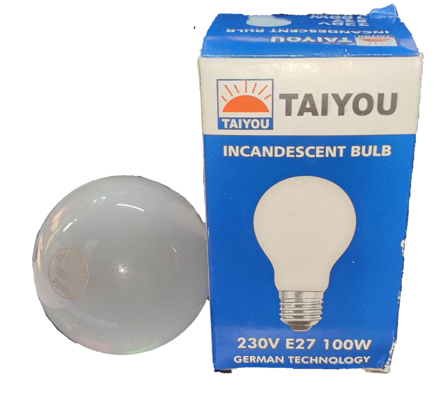 Taiyou 100W Incandescent Lamp E27 220V bulb next to blue and white packaging box with German technology label