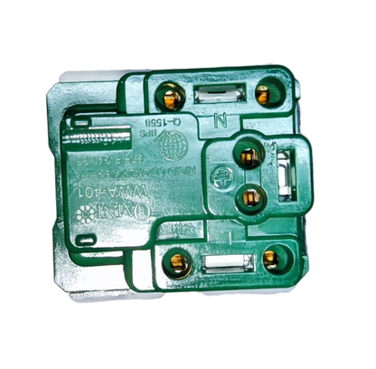Omni Tandem Outlet 20A 220V electrical power point component with green casing and brass connectors