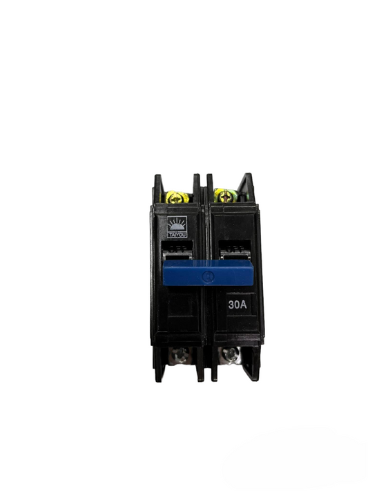 Taiyou 30A 2 Pole Circuit Breaker Bolt on electrical component in black with blue switch