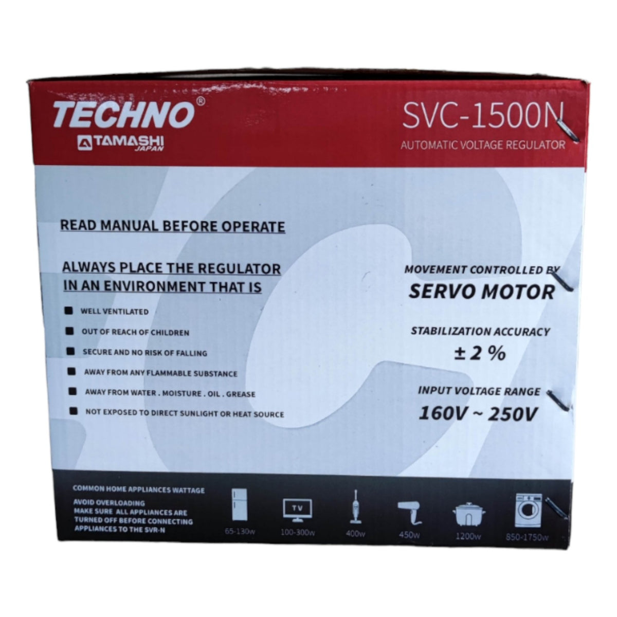 Techno Tamashi SVC-1500N automatic voltage regulator packaging with text and branding.
