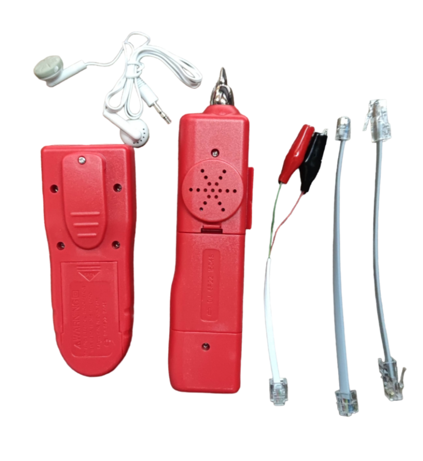 Red Telephone Line Tracer kit with earpiece, test leads, and RJ11 connectors for electrical trade tools