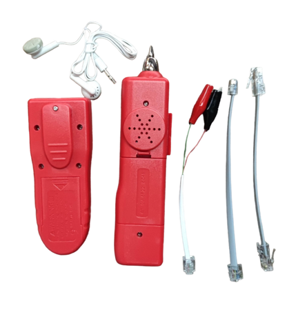 Red Telephone Line Tracer kit with earpiece, test leads, and RJ11 connectors for electrical trade tools