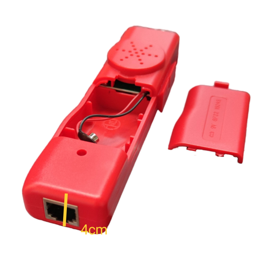 Red Telephone Line Tracer tool with open back cover showing internal wiring and dual phone ports
