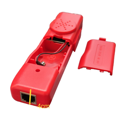 Red Telephone Line Tracer tool with open back cover showing internal wiring and dual phone ports