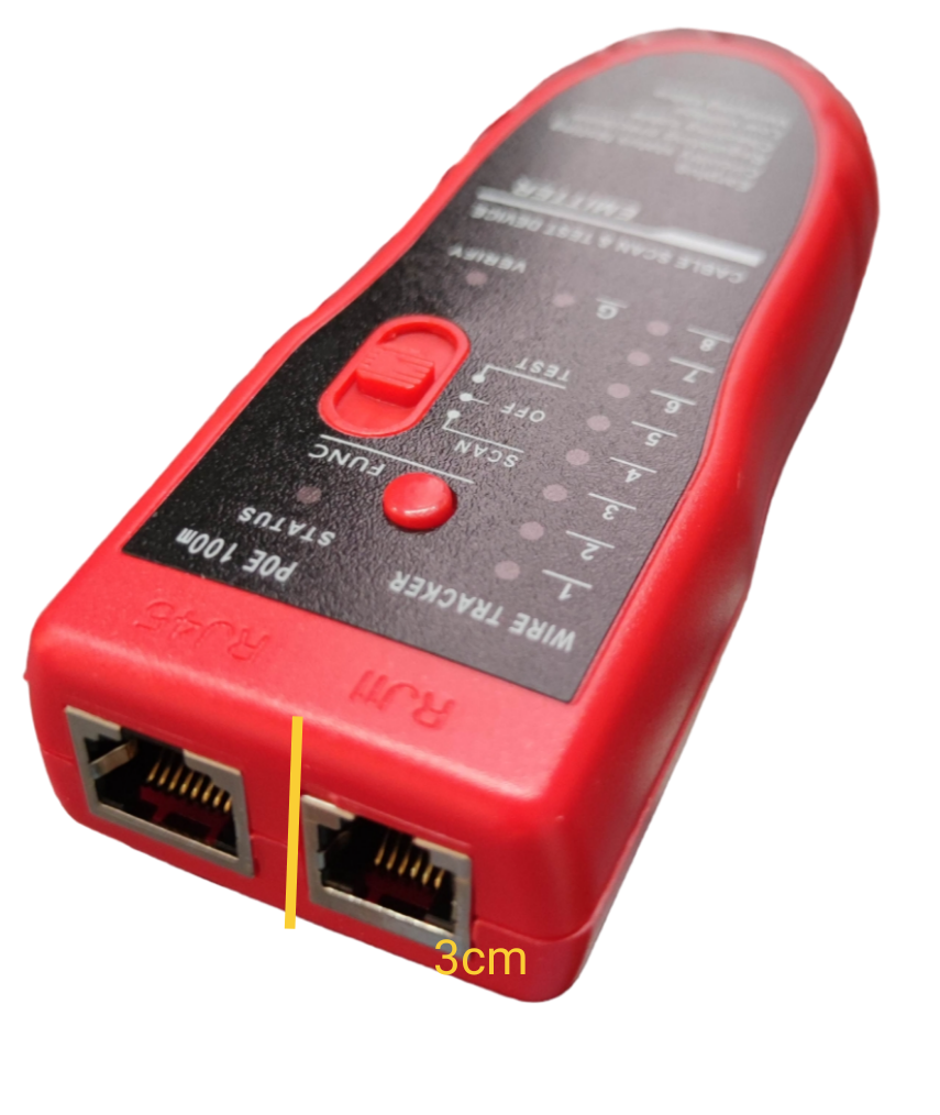 Red electrical Telephone Line Tracer with dual RJ11 ports and control buttons for wire testing