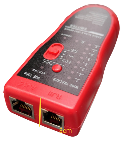 Red electrical Telephone Line Tracer with dual RJ11 ports and control buttons for wire testing