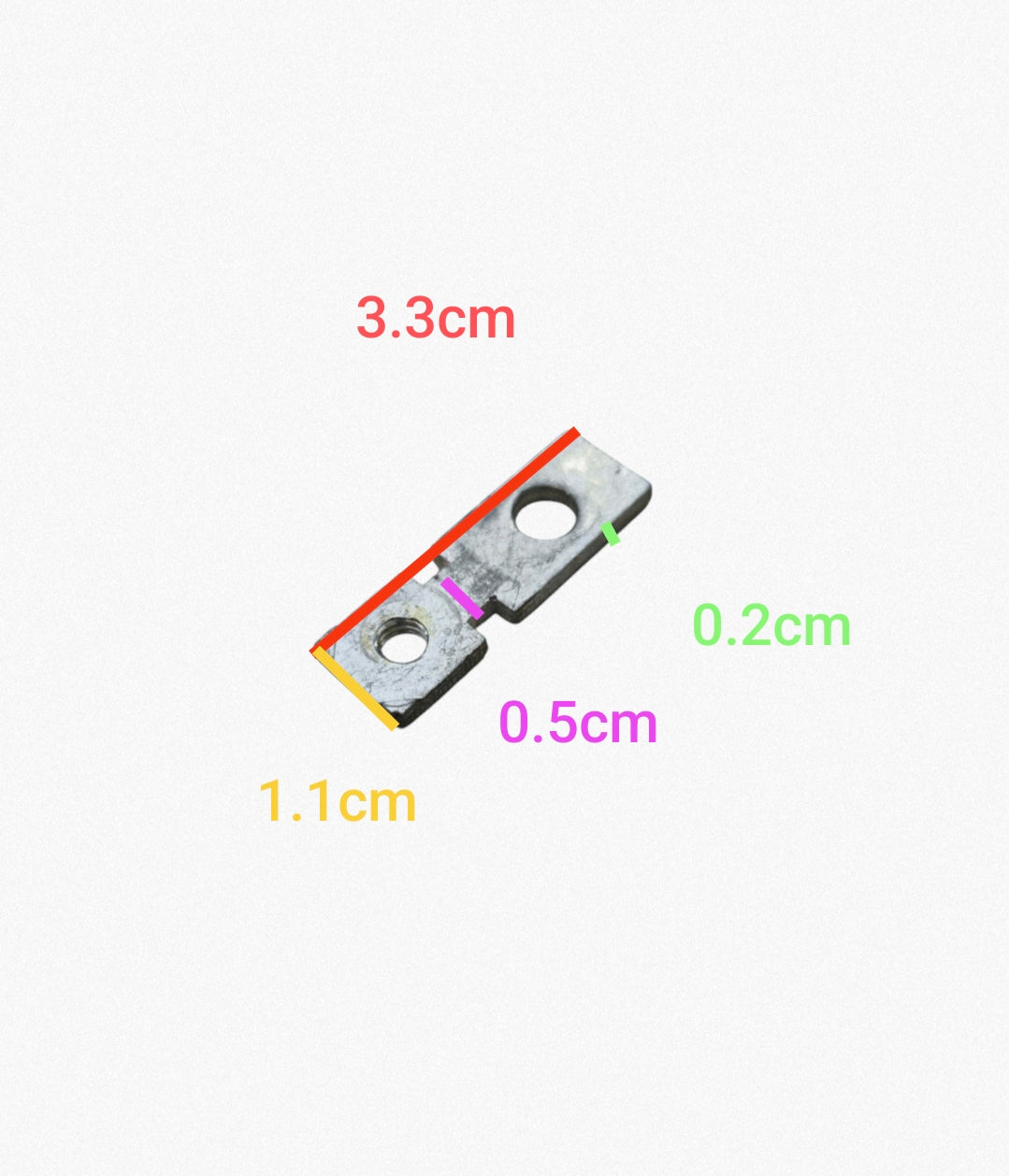 Metallic Terminal Connector with two mounting holes measuring 3.3cm by 1.1cm and 0.2cm thickness