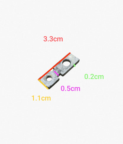 Metallic Terminal Connector with two mounting holes measuring 3.3cm by 1.1cm and 0.2cm thickness