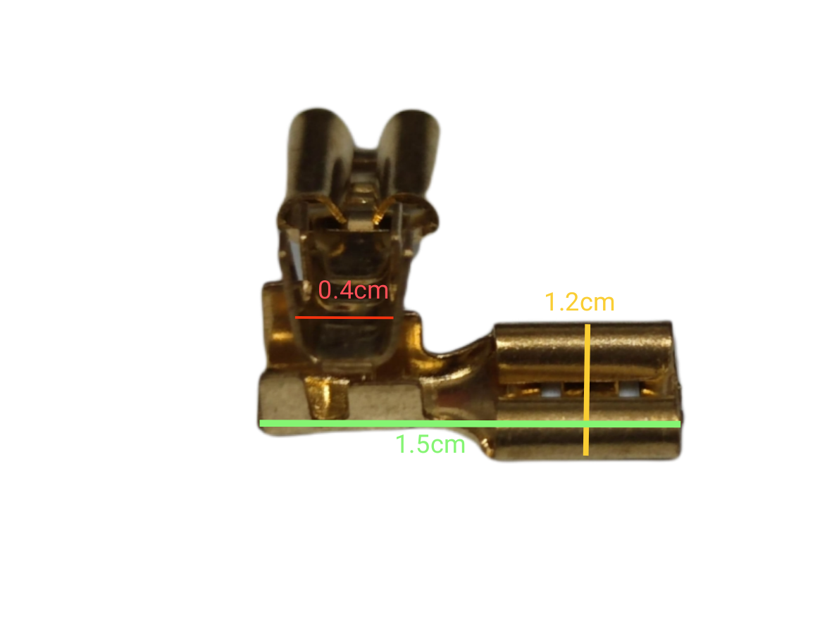Close-up of Terminal Lugs Connector Type Male and Female with measurements for electrical circuitry applications