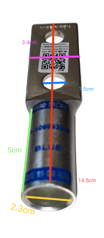 Utilux Terminal Lugs Long Barrel 2 Holes 400MCM electrical connector with blue labeling and precise measurements