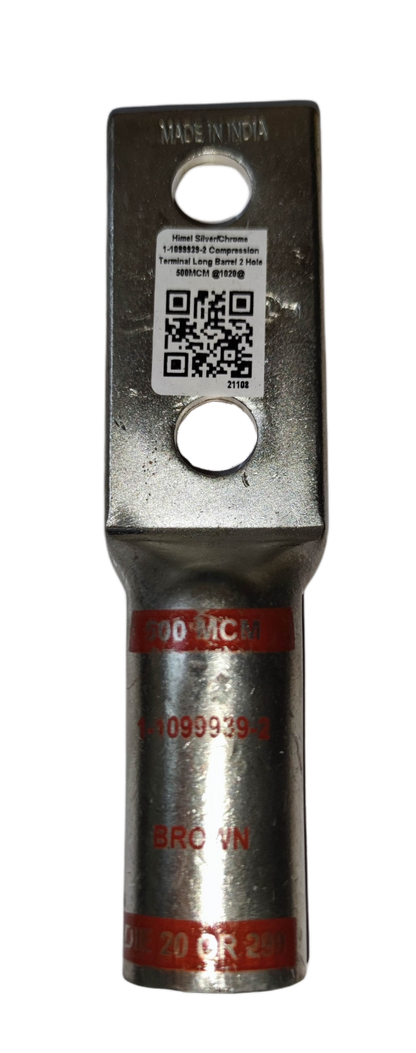 Utilux Terminal Lugs Long Barrel 2 Holes 500MCM electrical connector in metallic finish