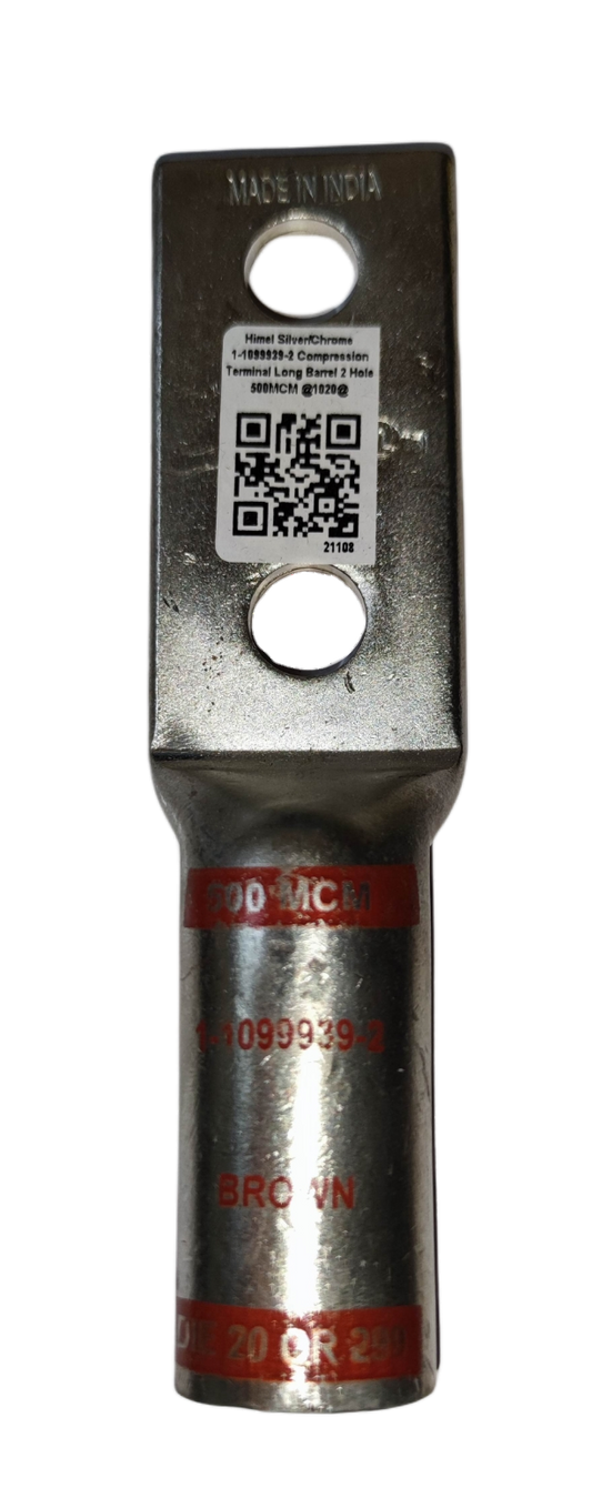 Utilux Terminal Lugs Long Barrel 2 Holes 500MCM electrical connector in metallic finish