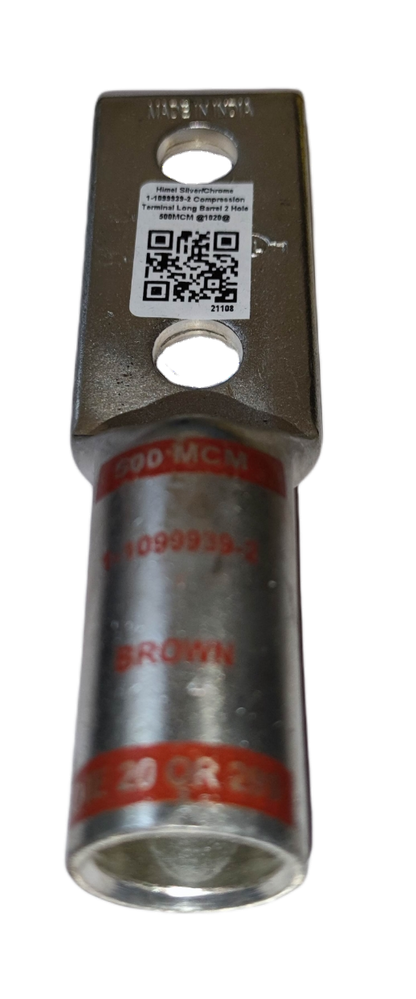 Utilux Terminal Lugs Long Barrel 2 Holes 500MCM electrical circuitry part with metal body and QR code label