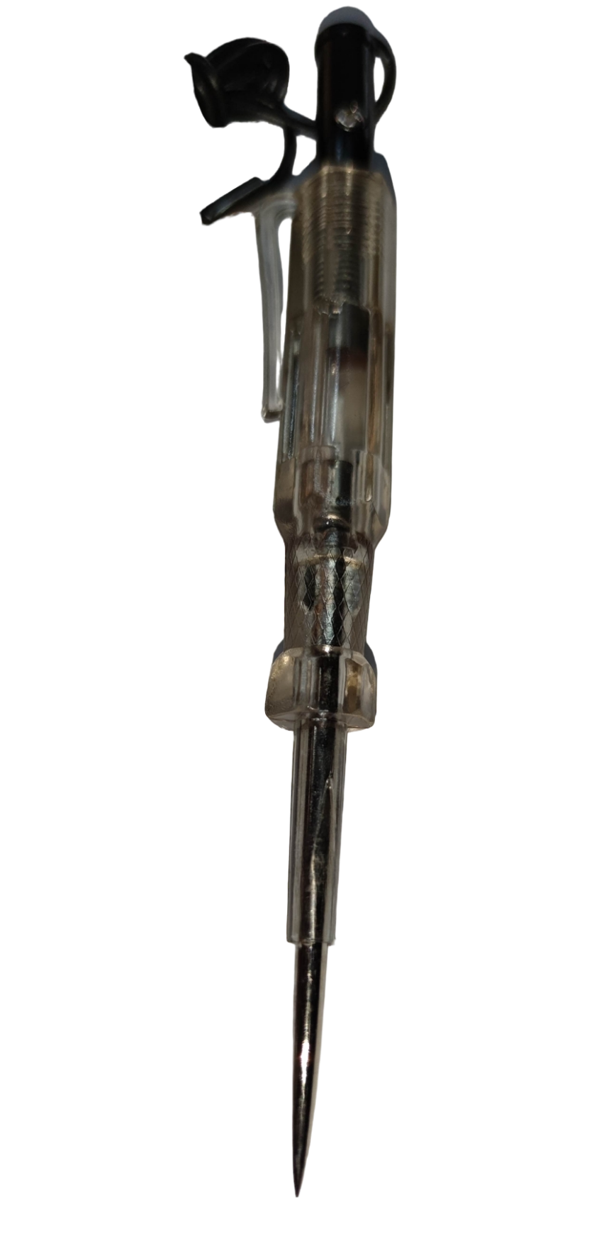 Rubicon Test Light Tester with Cord Clip featuring a clear handle and sharp metal probe for electrical testing