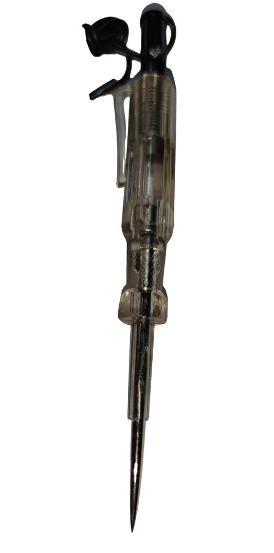 Rubicon Test Light Tester with Cord Clip featuring a clear handle and sharp metal probe for electrical testing