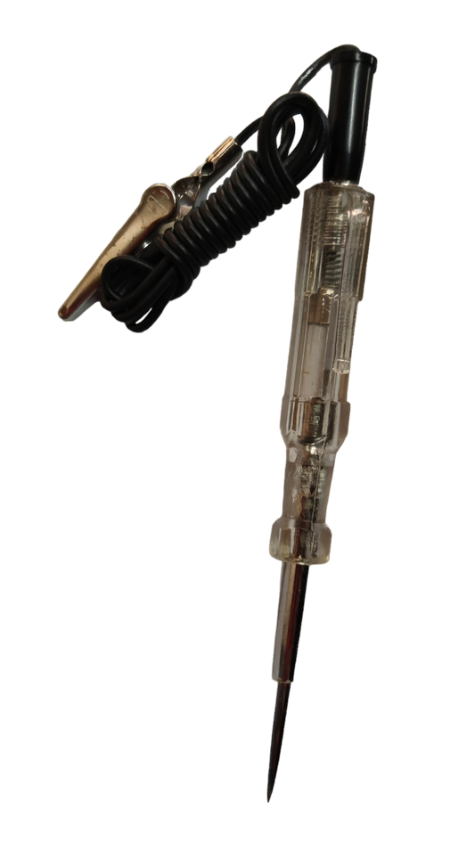 Rubicon Test Light Tester with Cord Clip featuring clear handle and metal probe for electrical testing