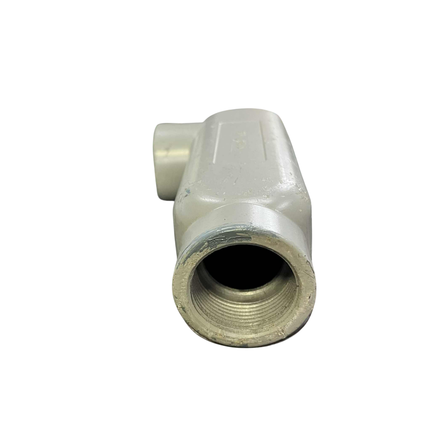 Threaded LL conduit body in gray for electrical circuitry and wiring connections