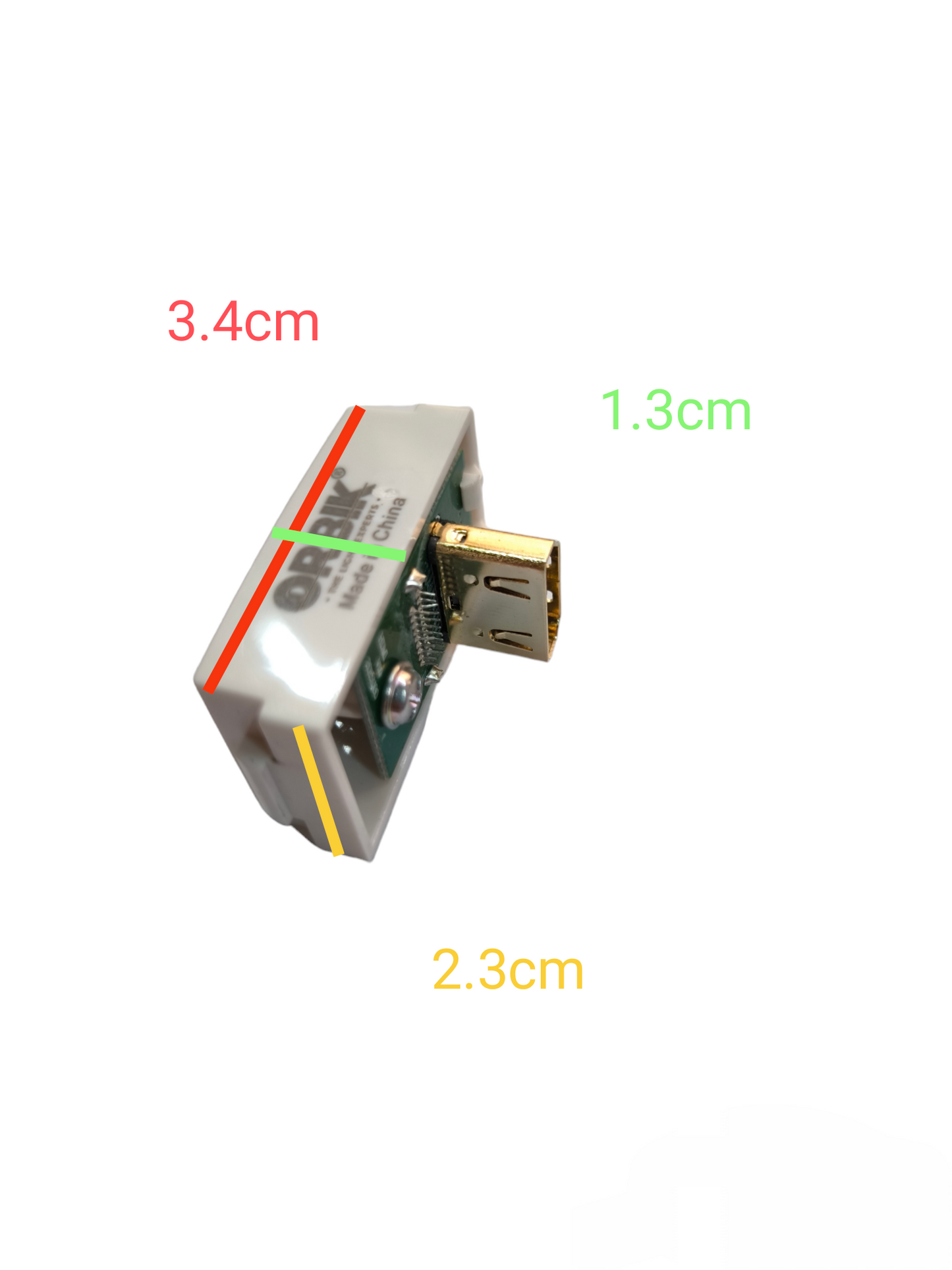 T&J HDMI Outlet Device showing compact dimensions with HDMI connector and clear casing