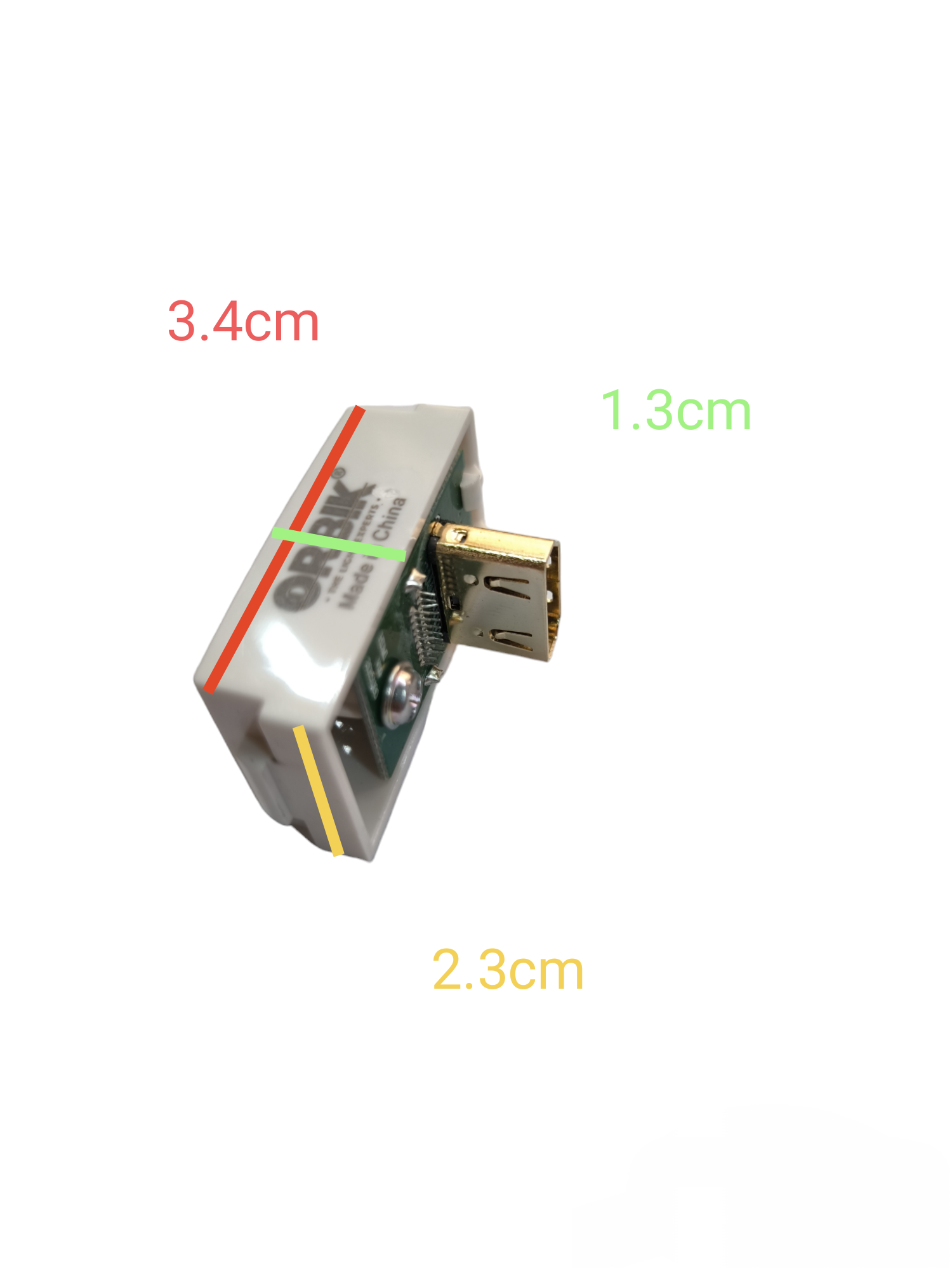 T&J HDMI Outlet Device showing compact dimensions with HDMI connector and clear casing