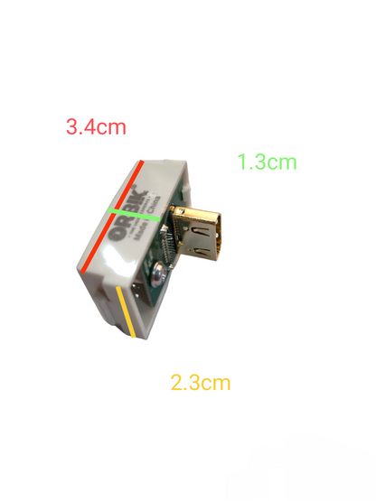 T&J HDMI Outlet Device showing compact dimensions with HDMI connector and clear casing