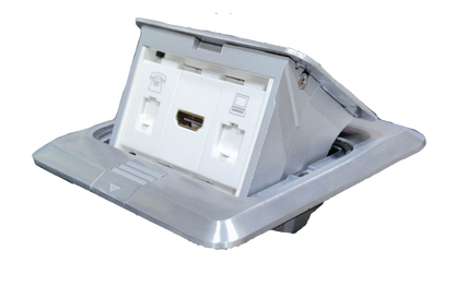 T and J floor pop-up outlet HDMI - CAT6 - telephone in brushed aluminum frame with HDMI and network ports