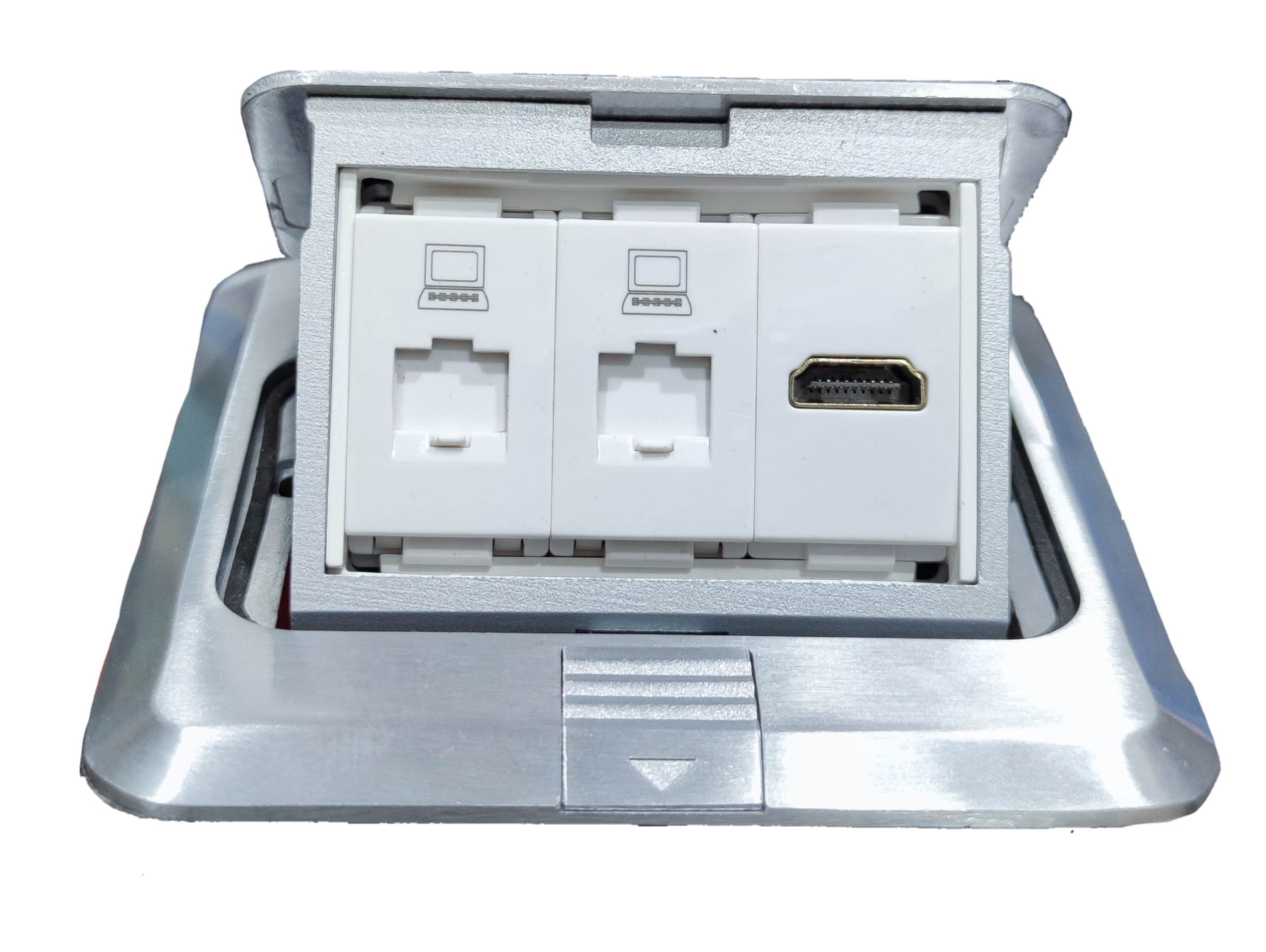 T and J pop-up box with HDMI and CAT6 . Silver desktop outlet with two RJ45 ports and HDMI jack