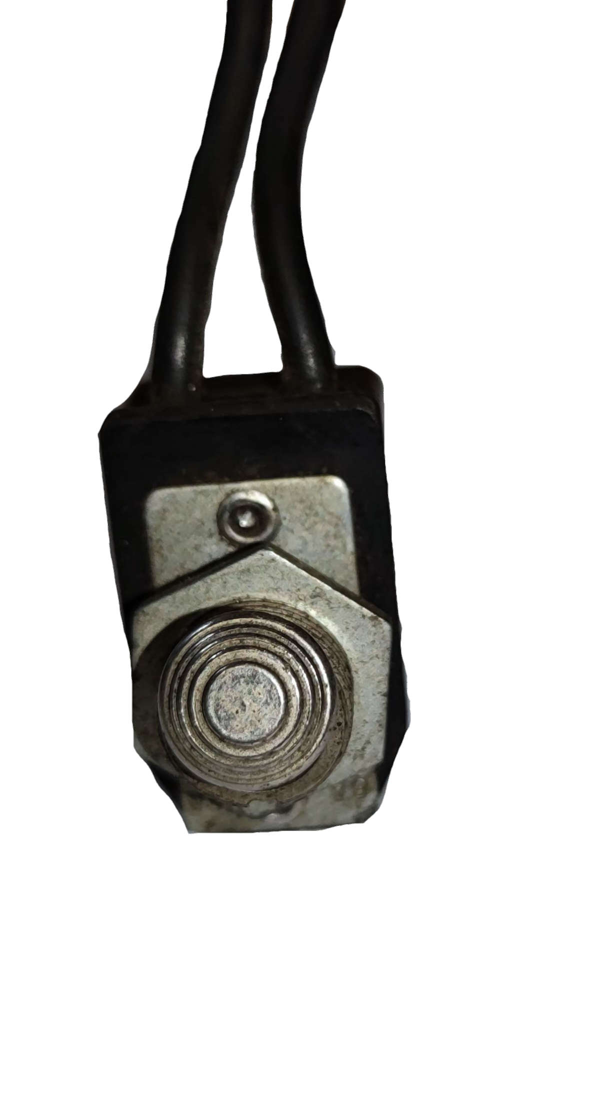 Toggle Switch 4A 250V USA with metal button and attached black wires for power control