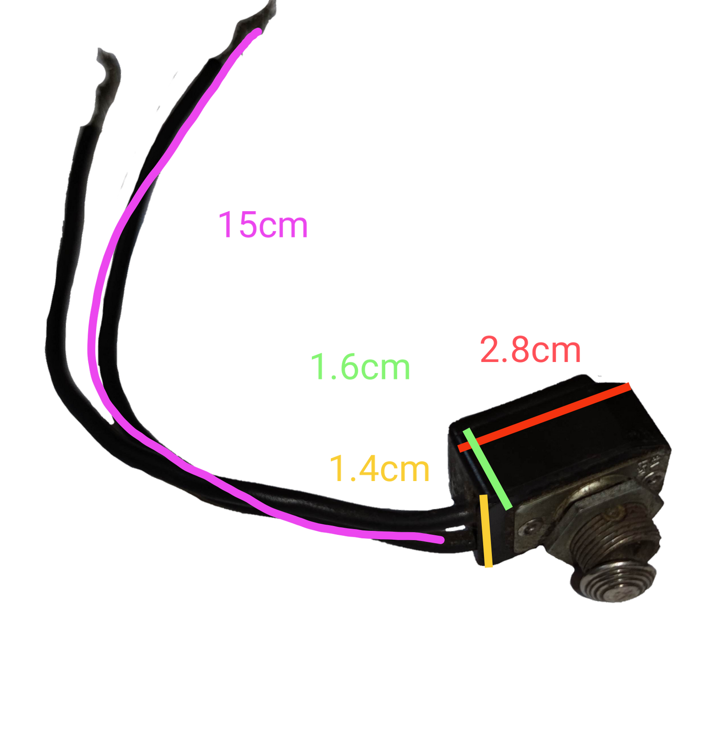Toggle Switch 4A 250V USA with wires and detailed size measurements for electrical use