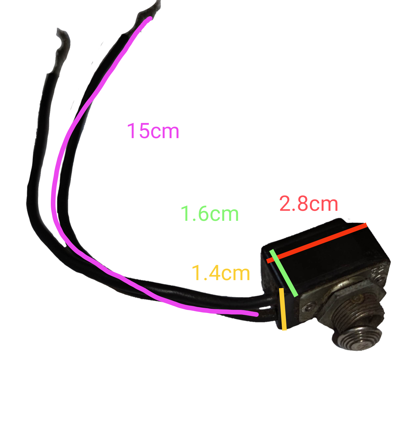 Toggle Switch 4A 250V USA with wires and detailed size measurements for electrical use