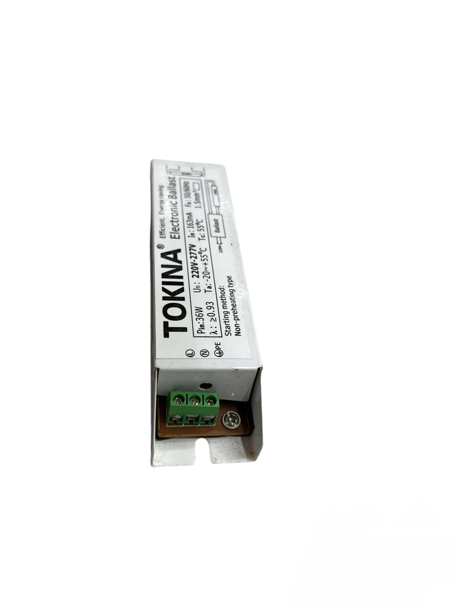 Tokina 1x36W Electronic Ballast 220V lighting installation accessory with white casing and green terminal block