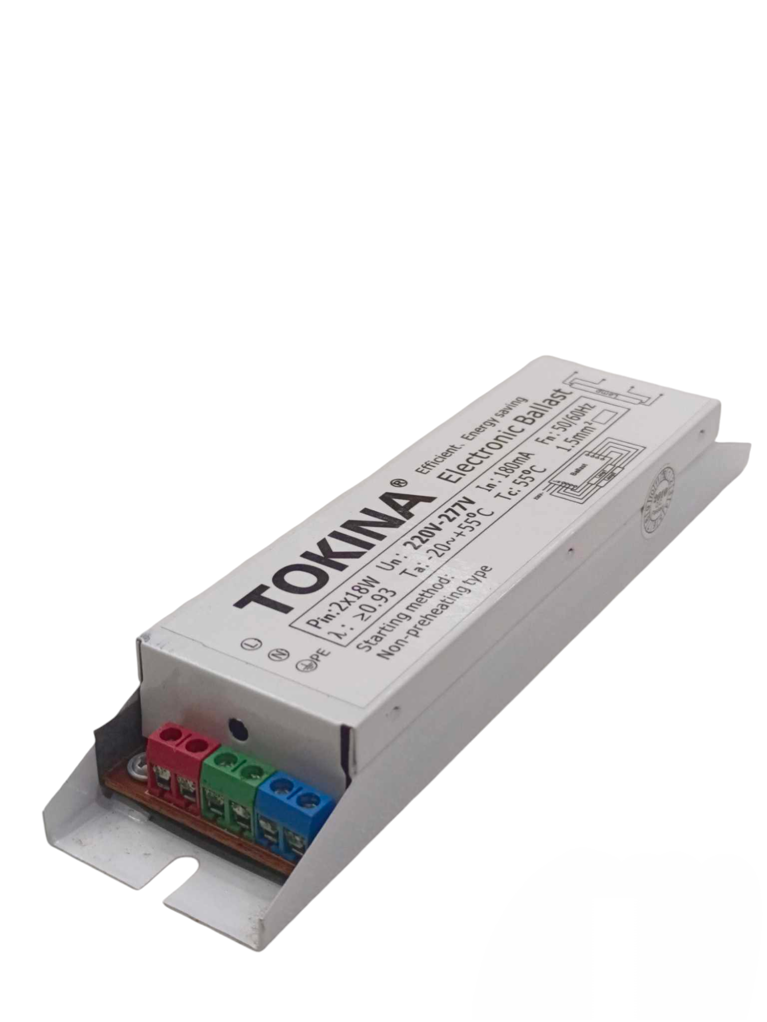 Tokina 2x18W electronic ballast for lighting installation with multi-color wiring connectors