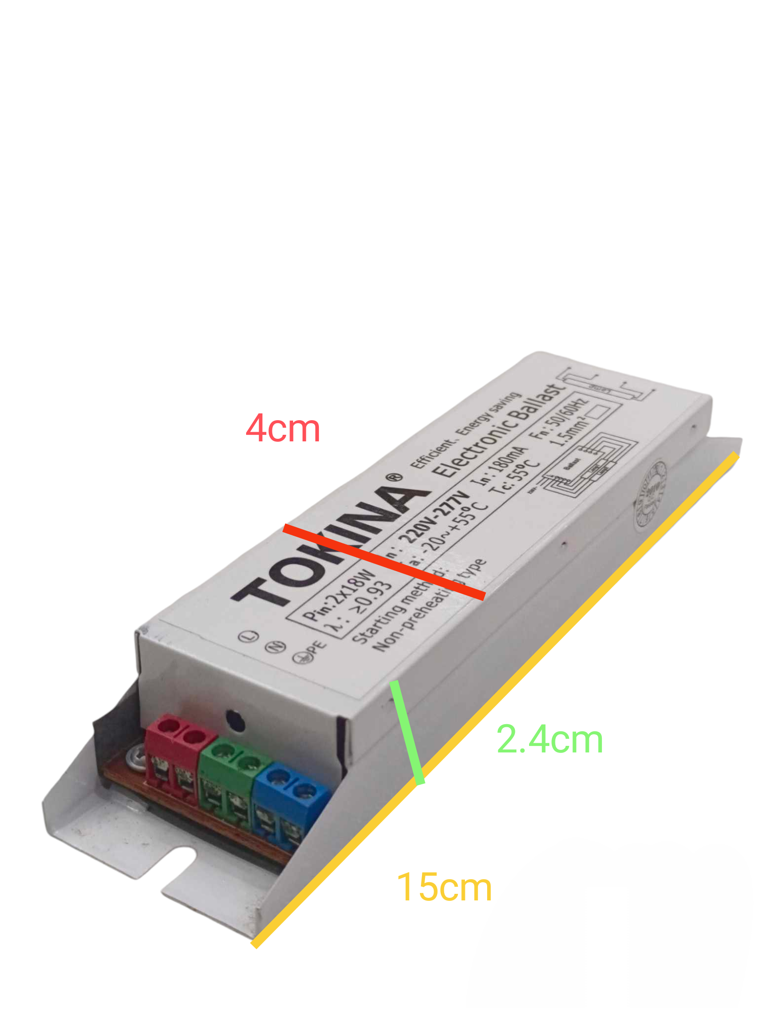 Tokina 2x18W electronic ballast for lighting installation with labeled wiring terminals and measurements