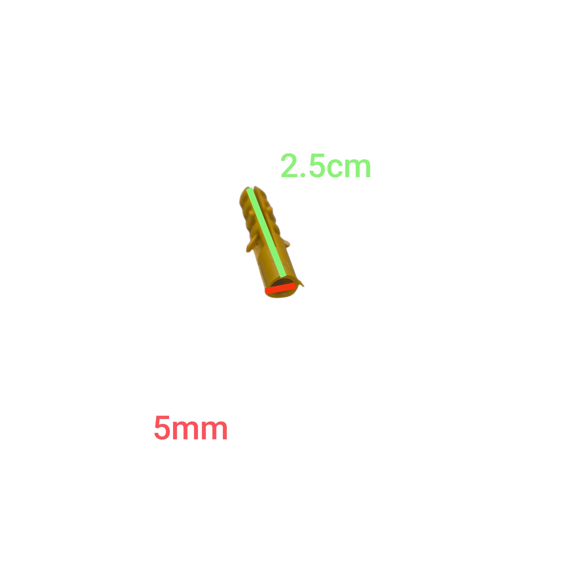 Tox 5mm x 2.5cm yellow plastic wall anchor plug from China shown with 5mm and 2.5cm markings