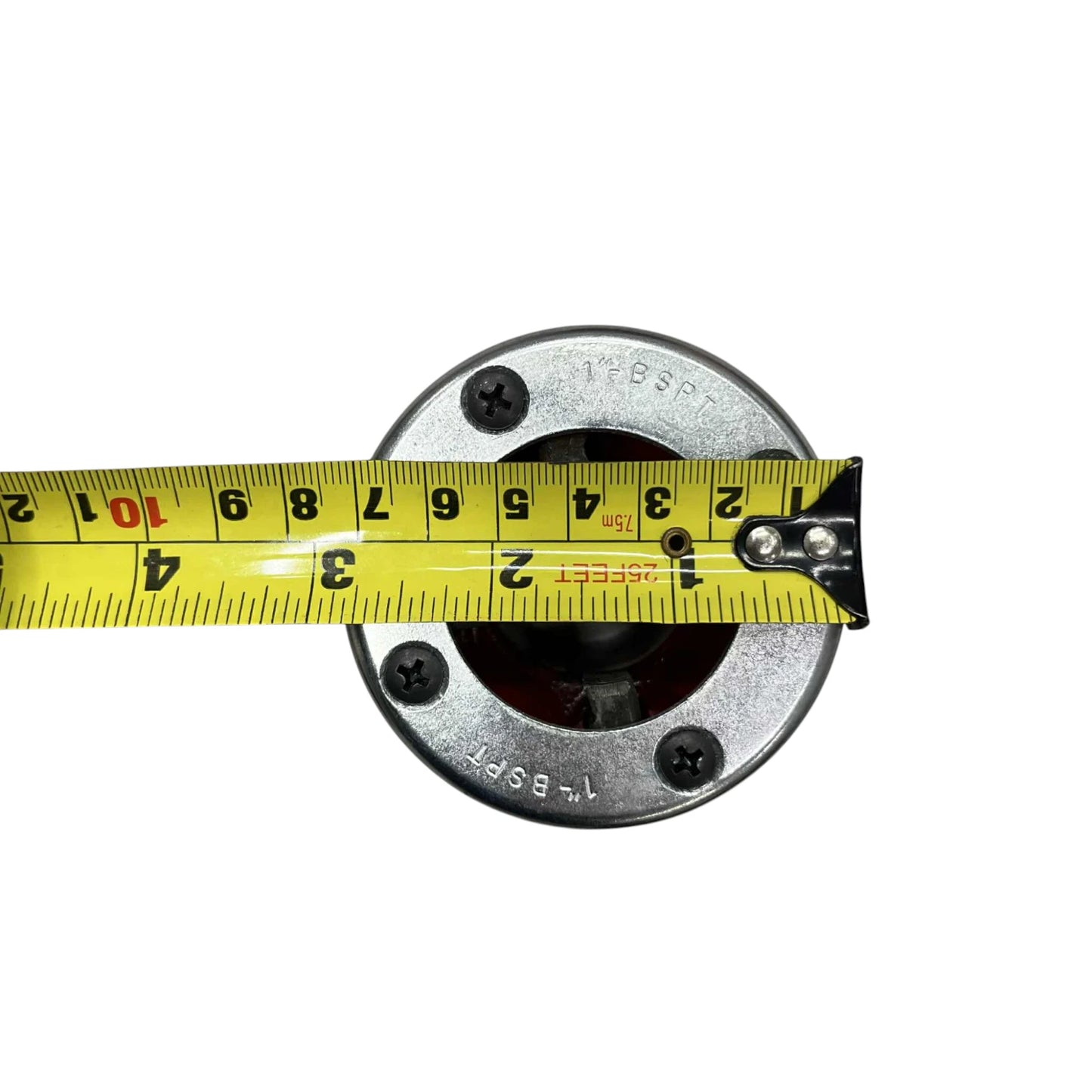 Top view of ratchet pipe threader set die head with measuring tape showing pipe threading diameter for plumbing