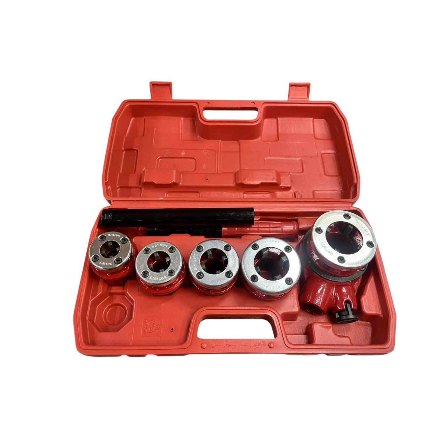 Red carrying case with ratchet head five round threading dies and handle for plumbing ratchet pipe threader set