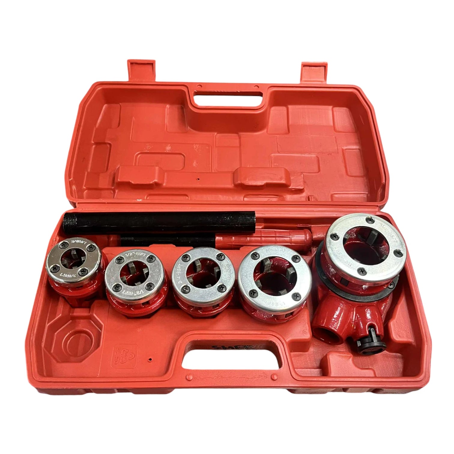 Red carrying case with ratchet pipe threader set showing five threaded dies ratchet handle and die head for plumbing