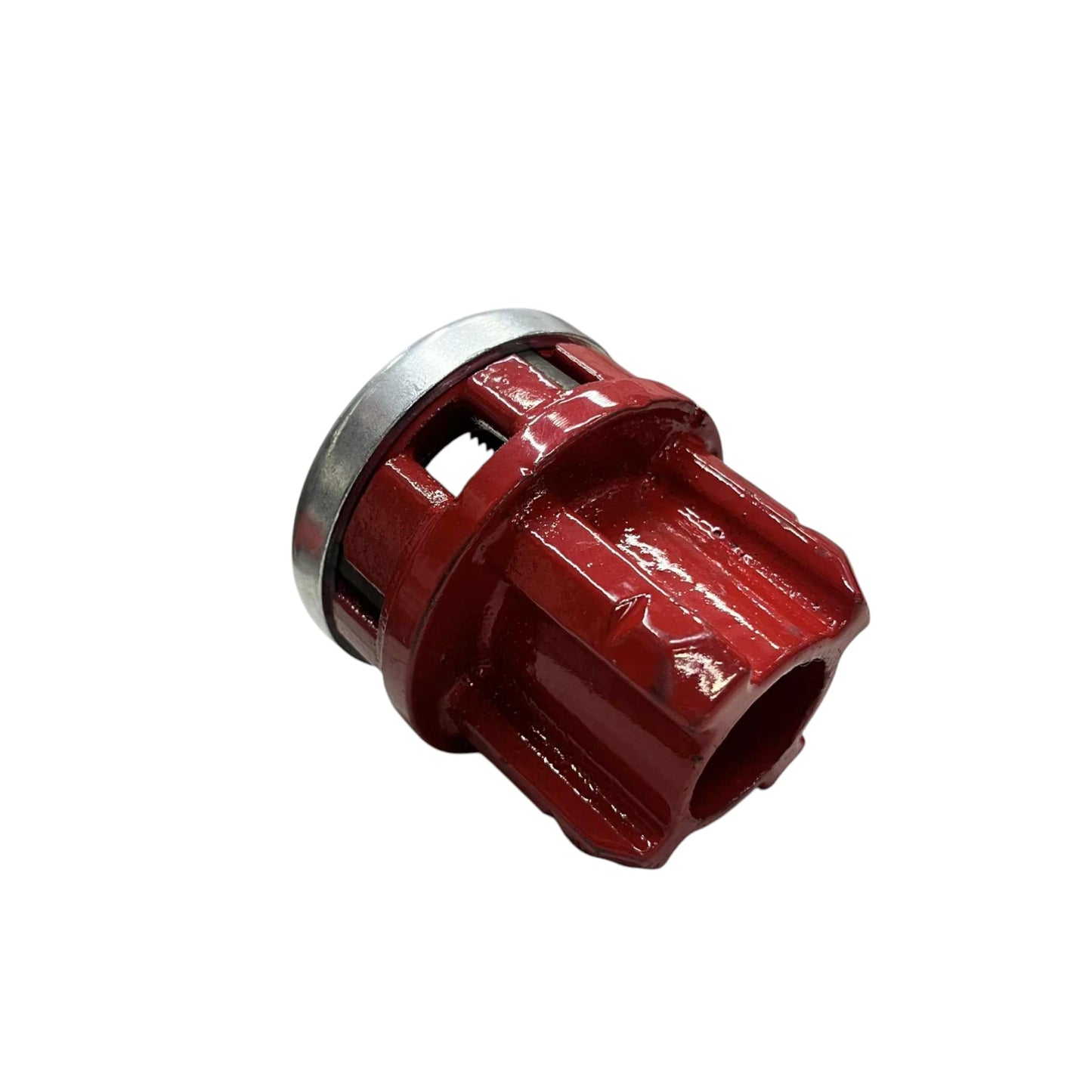 Compact red steel ratchet pipe threader set head adapter for pipe threading and plumbing repairs